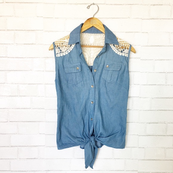 Tops - Chambray & Crochet Sleeveless Button Up Blouse